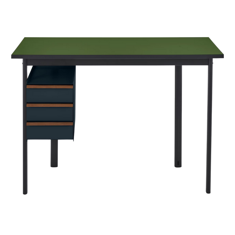 The Mode Desk from Herman Miller with the pesto laminate top with walnut handle and nightfall storage.