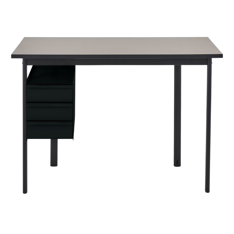 The Mode Desk from Herman Miller with the sandstone laminate top with black handle and black storage.