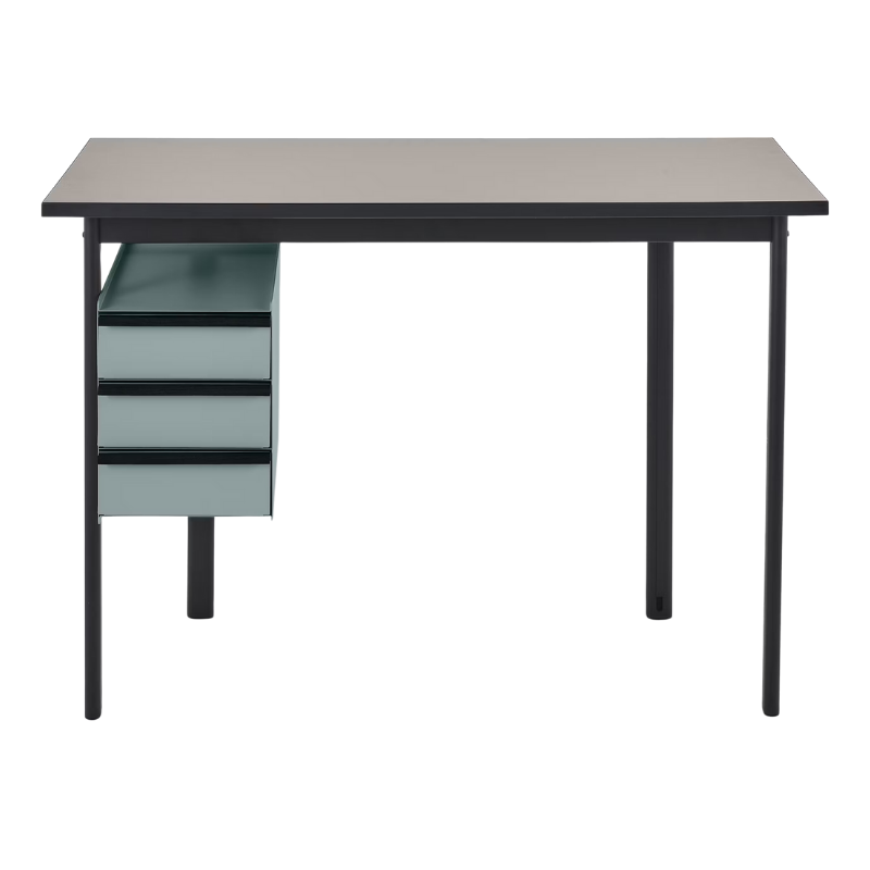 The Mode Desk from Herman Miller with the sandstone laminate top with black handle and glacier storage.