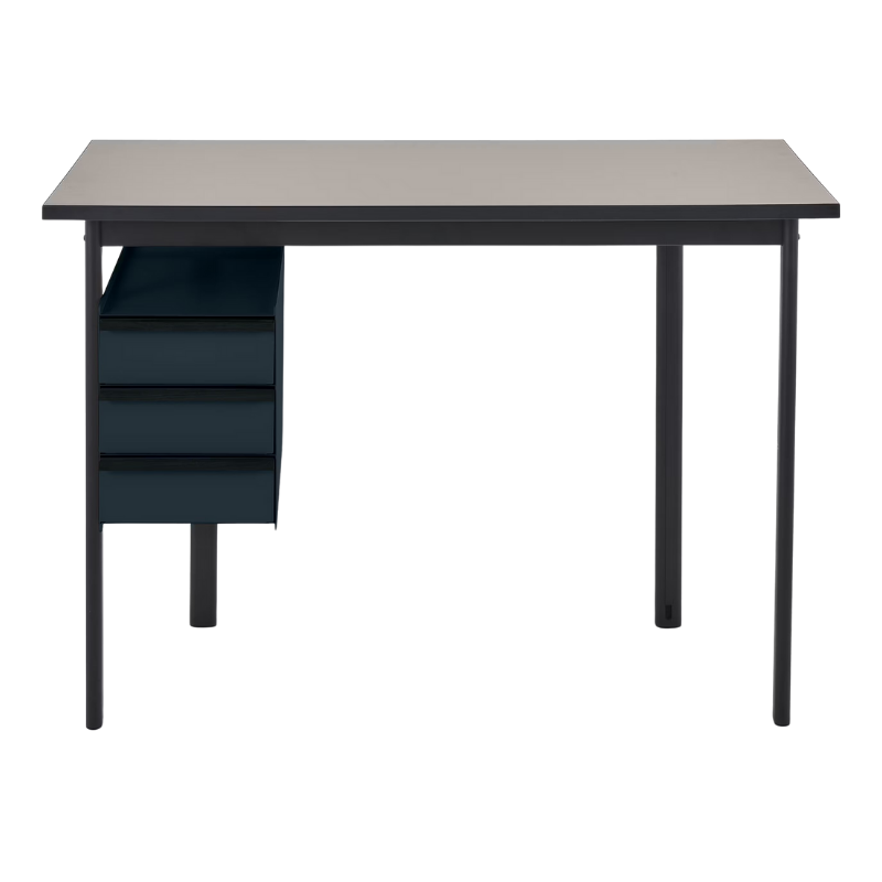 The Mode Desk from Herman Miller with the sandstone laminate top with black handle and nightfall storage.