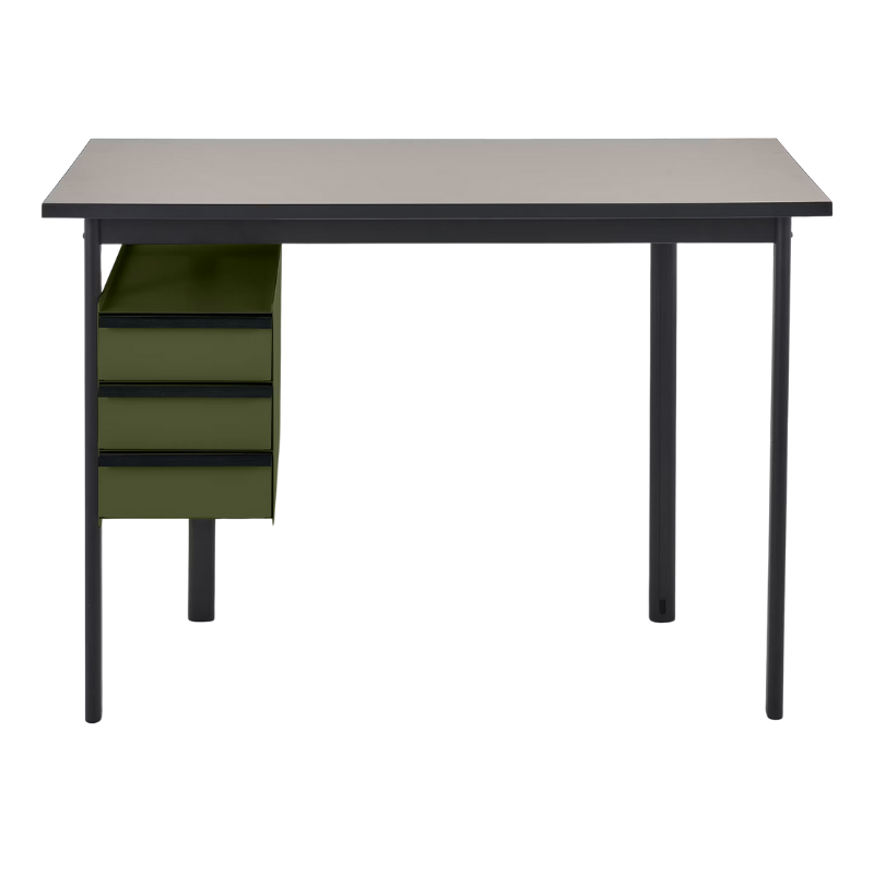 The Mode Desk from Herman Miller with the sandstone laminate top with black handle and olive storage.