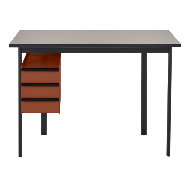 The Mode Desk from Herman Miller with the sandstone laminate top with black handle and terracotta storage.