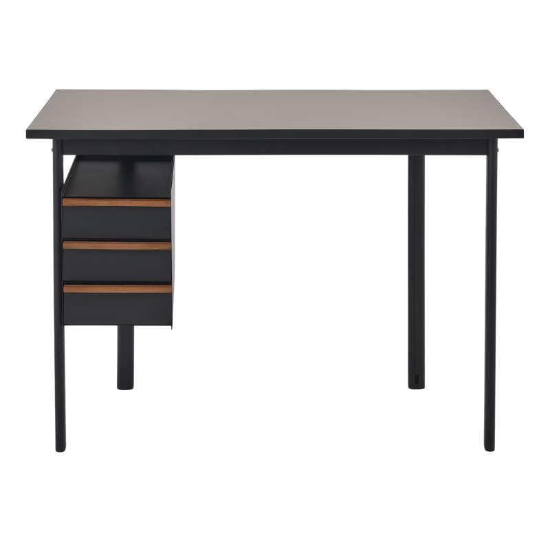 The Mode Desk from Herman Miller with the sandstone laminate top with walnut handle and black storage.