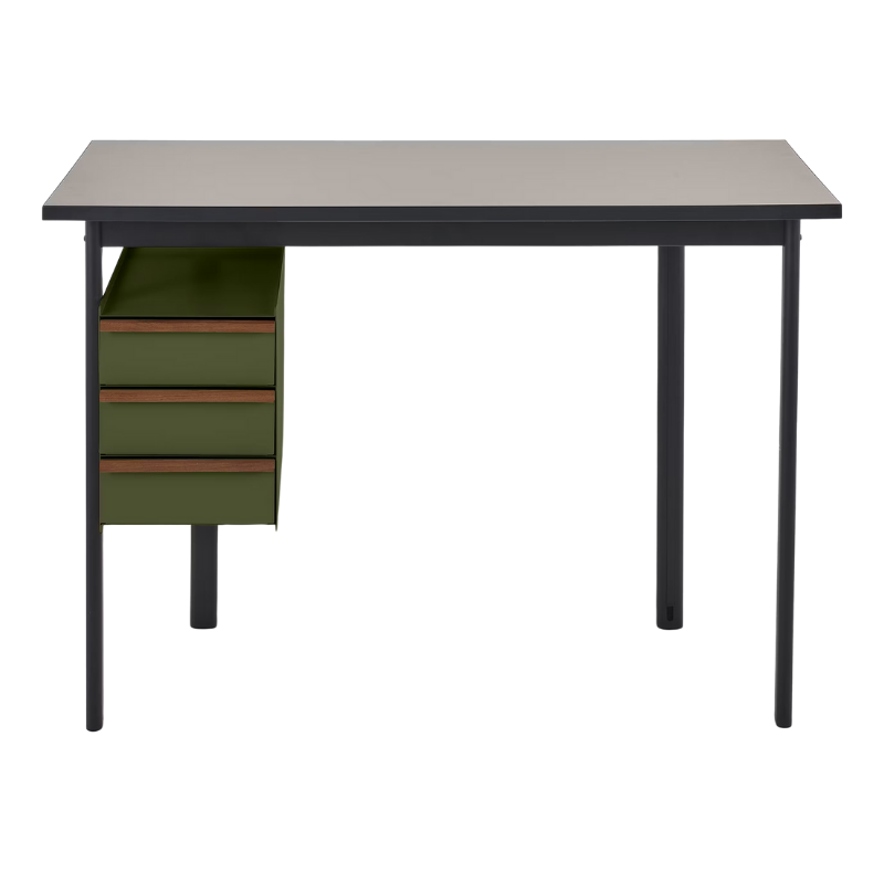The Mode Desk from Herman Miller with the sandstone laminate top with walnut handle and olive storage.