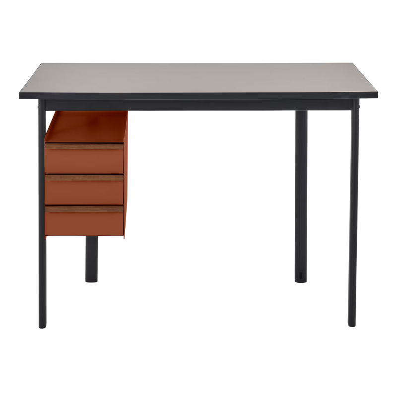 The Mode Desk from Herman Miller with the sandstone laminate top with walnut handle and terracotta storage.