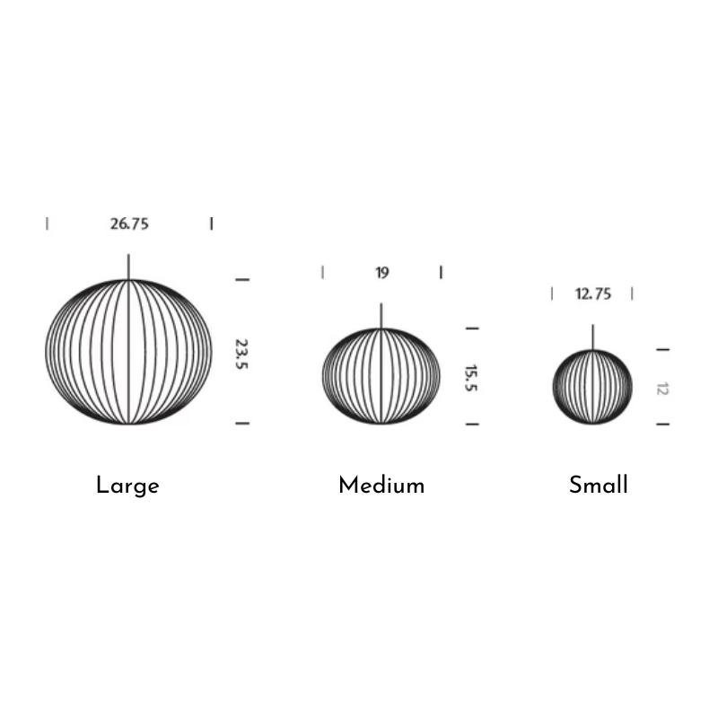 The dimensions of the small, medium and large Nelson Ball Bubble Pendant from Herman Miller