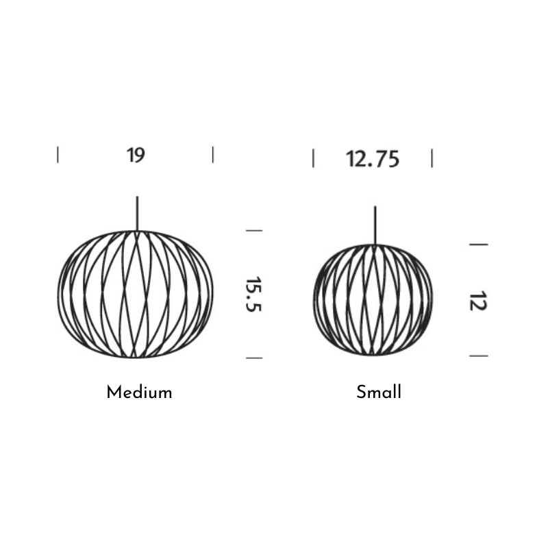The dimensions of the small and medium Nelson Ball Crisscross Bubble Pendant from Herman Miller.