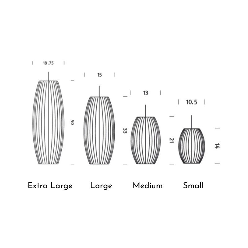 The dimensions of the small, medium, large and extra large Nelson Cigar Bubble Pendant from Herman Miller.