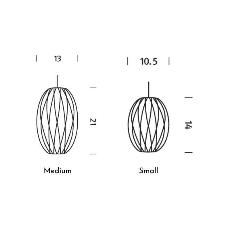 The dimensions of both the small and medium size Nelson Cigar Crisscross Bubble Pendant from Herman Miller.