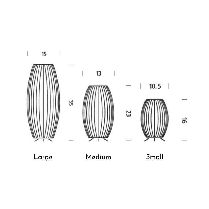 The dimensions of the small, medium and large Nelson Cigar Tripod Table Lamp from Herman Miller.