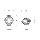 The dimensions of the small and medium Nelson Pear Crisscross Pendant from Herman Miller.