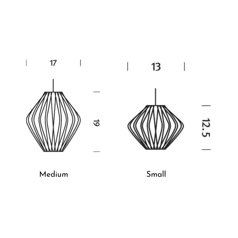The dimensions of the small and medium Nelson Pear Crisscross Pendant from Herman Miller.