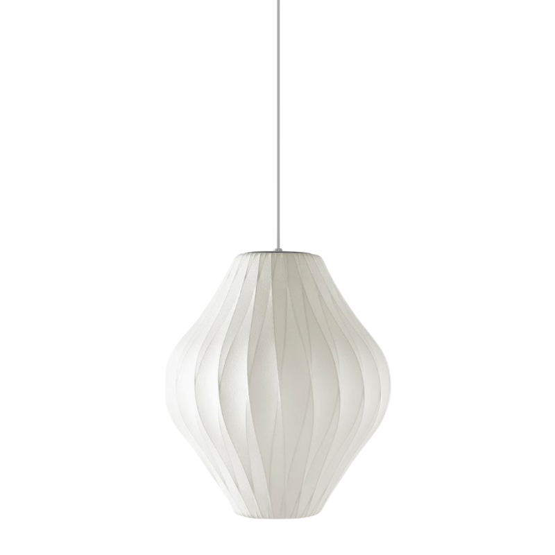 The Nelson® Pear Crisscross Bubble Pendant Light by George Nelson for Herman Miller features a white pear shape shade that flares in the center with a crisscross pattern for visual texture and dimension. Its simplicity speaks volumes in a room as the pendant emits a soft warm glow within its desired space. The crisscross treatment of the shade is achieved through its taut white material applied to a crisscross wire frame for a stylish yet simplistic design that can seamlessly be placed in various settings