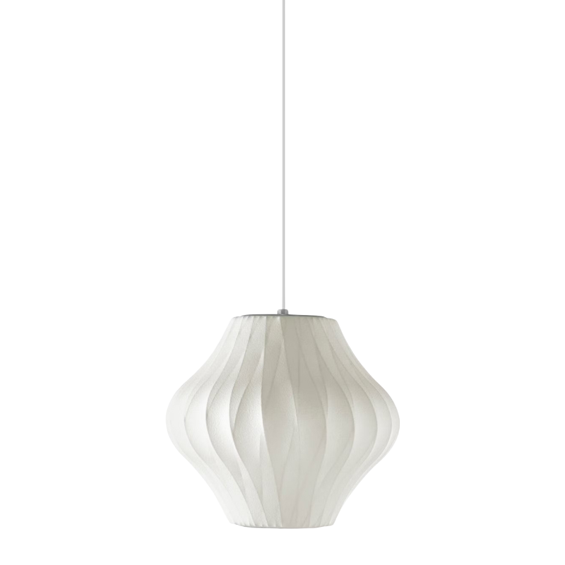 The Nelson® Pear Crisscross Bubble Pendant Light by George Nelson for Herman Miller features a white pear shape shade that flares in the center with a crisscross pattern for visual texture and dimension. Its simplicity speaks volumes in a room as the pendant emits a soft warm glow within its desired space. The crisscross treatment of the shade is achieved through its taut white material applied to a crisscross wire frame for a stylish yet simplistic design that can seamlessly be placed in various settings
