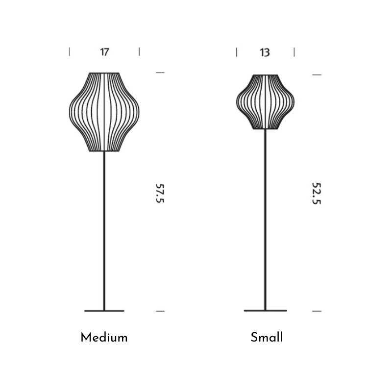 The dimensions of the medium and small Nelson Pear Lotus Floor Light from Herman Miller.