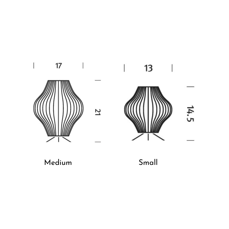 The dimensions of the small and medium Nelson Pear Tripod Table Lamp from Herman Miller.