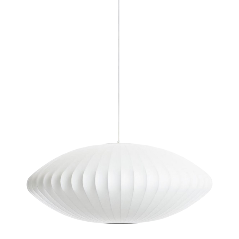 The Nelson® Saucer Bubble Pendant Light by George Nelson for Herman Miller is another timeless design of the Nelson® Bubble Lamp series. Its contemporary design evokes the same soft and elegant silhouette of a paper lantern. The design is achieved by plastic spun around its steel wire frame that emits a soft glow, warming the mood of a room.