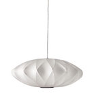 The Nelson® Saucer Crisscross Bubble Pendant by George Nelson for Herman Miller features a wide, saucer-shaped shade. The ceiling lamp's distinct design characteristic is a crisscrossing wire frame which gives the shade its elegant pattern, dimension, and texture. Its structural shape distributes ample warm light throughout a room.