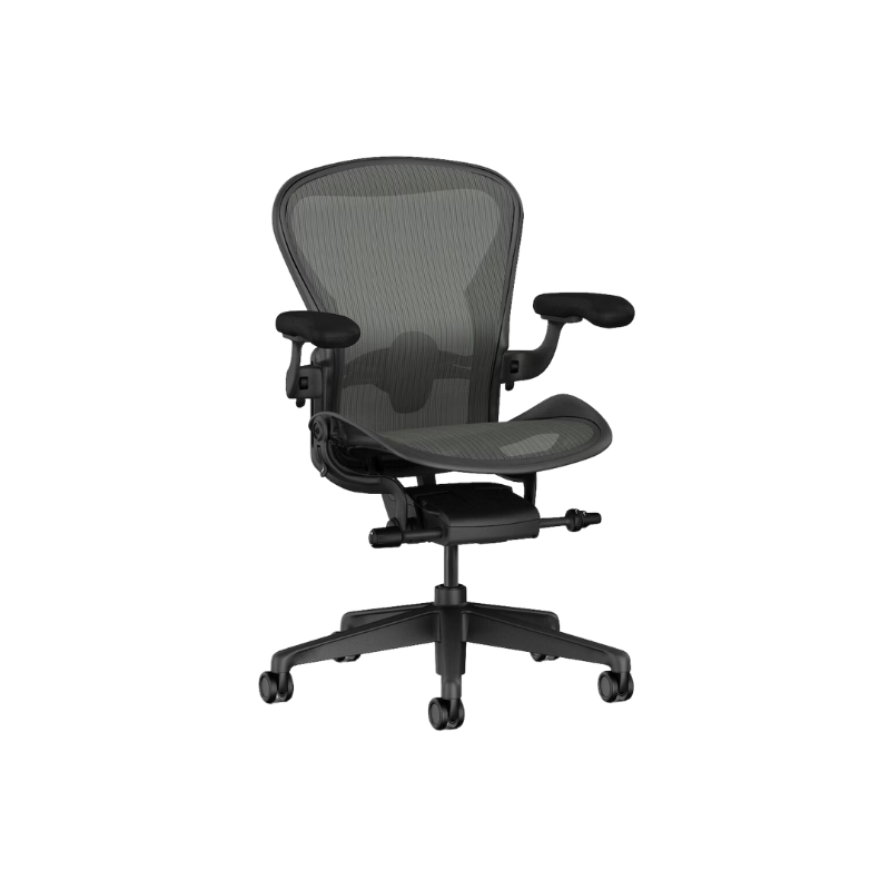 The Aeron office chair by Herman Miller revolutionized office seating with its defining design qualities: the pioneering Pellicle suspension material and its patented PostureFit SL back support, which affords the ideal sit — chest open, shoulders back, pelvis tilted slightly forward. 