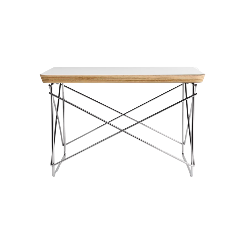 Just 10 inches high, the Eames Wire Base Low Table (1950) provides a handy surface for books or a bedside lamp. The beveled edges of the top of this Eames side table reveal seven layers of sturdy birch plywood. Portable and lightweight, these low wire base tables can be stacked for storage or grouped to form a larger surface. This is the authentic Wire Base Low Table produced by Herman Miller. Eames is a licensed trademark of Herman Miller.
