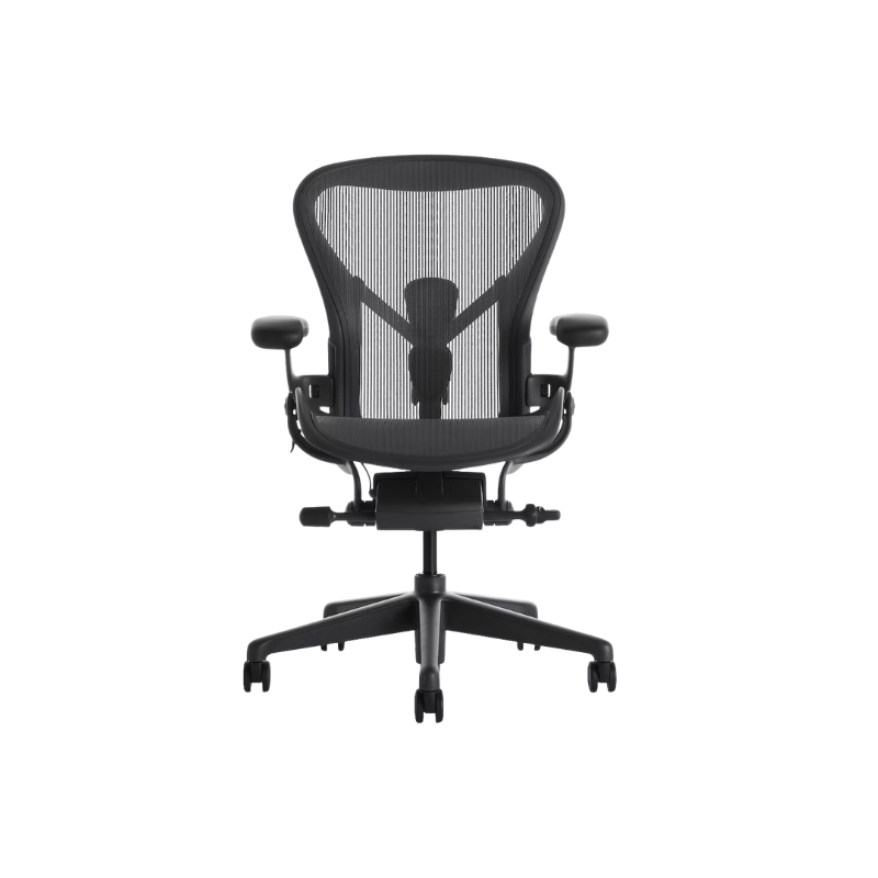 The Aeron office chair by Herman Miller revolutionized office seating with its defining design qualities: the pioneering Pellicle suspension material and its patented PostureFit SL back support, which affords the ideal sit — chest open, shoulders back, pelvis tilted slightly forward. 