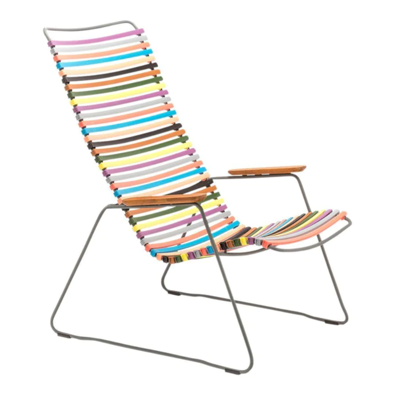 The CLICK outdoor lounge chair is an extension of the CLICK Rocking chair, offering the same level of comfort. It features lamellas with the right resilience for cushion-free comfort. These lamellas can be easily clicked on and off, allowing you to modify the chair's look by changing or mixing different colors. The CLICK Lounge chair is available in 13 colors, providing plenty of options for customization.