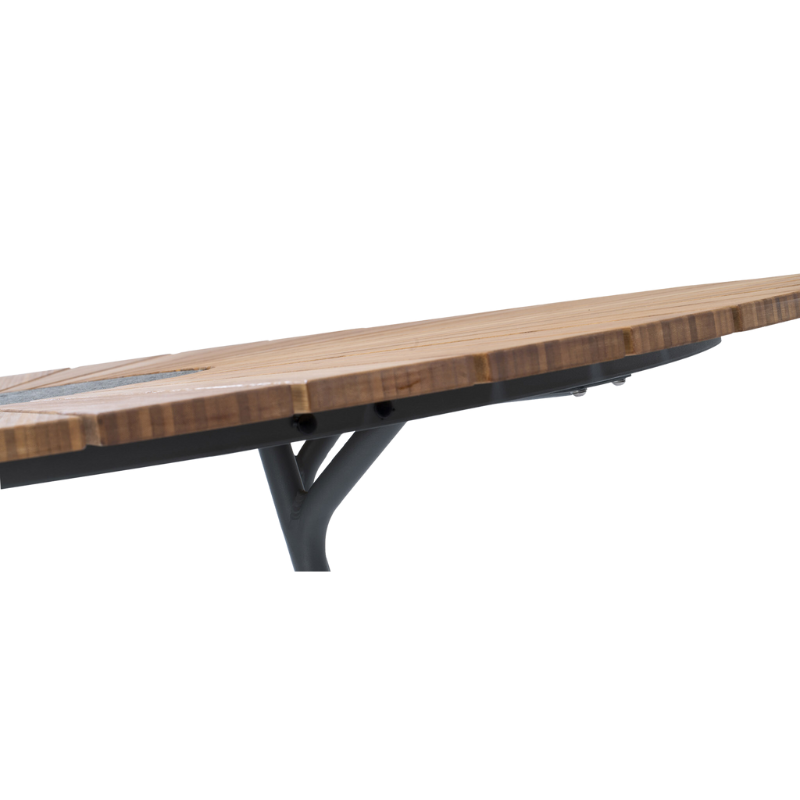 The CIRCLE outdoor dining table by Houe features a bamboo table top with a granite stone center and grey aluminum legs. This outdoor dining table is elegant and thoughtfully designed and will make a great addition to your garden. Its unique leg construction allows for free seating, as the legs are drawn in under the table providing ample legroom for a comfortable dining experience. 