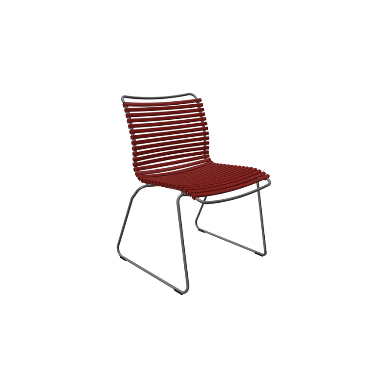 CLICK outdoor chair is simple, honest, and ergonomically well thought out. It is beautiful in its repetition around the table and because the slats (lamellas) can be replaced, you can mix and change the colors as often as you like. These outdoor dining chairs are stackable and easy to store. 