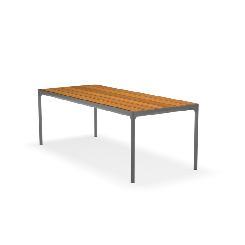A dining table with a top and four legs – that is what you get in FOUR, no matter which size you choose. The special developed extruded profile in the table frame makes FOUR a remarkable strong table. FOUR in 4 different sizes with table top options in bamboo or black metal, with legs in powder coated black or grey aluminum.
