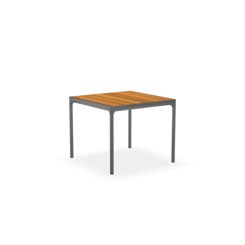 A dining table with a top and four legs – that is what you get in FOUR, no matter which size you choose. The special developed extruded profile in the table frame makes FOUR a remarkable strong table. FOUR in 4 different sizes with table top options in bamboo or black metal, with legs in powder coated black or grey aluminum.