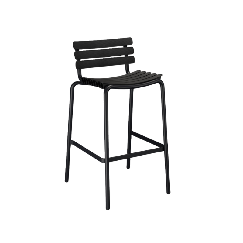 ReCLIPS Bar Chairs are a unique blend of Danish design and innovation, showcasing a stunning utilization of Danish household plastic trash that is reshaped into wide plastic lamellas and carefully clipped onto a light, powder-coated aluminum frame. This ingenious approach to reusing plastic waste for furniture production is a proud product of Denmark's innovative spirit.