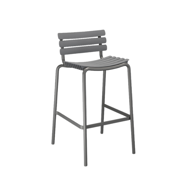 ReCLIPS Bar Chairs are a unique blend of Danish design and innovation, showcasing a stunning utilization of Danish household plastic trash that is reshaped into wide plastic lamellas and carefully clipped onto a light, powder-coated aluminum frame. This ingenious approach to reusing plastic waste for furniture production is a proud product of Denmark's innovative spirit.