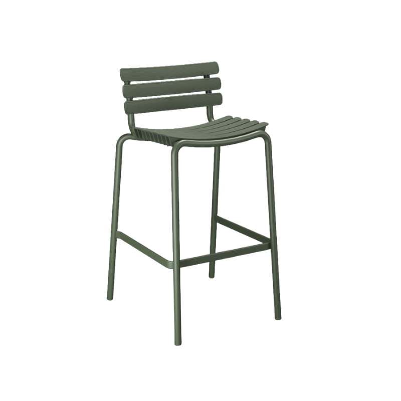 ReCLIPS Bar Chairs are a unique blend of Danish design and innovation, showcasing a stunning utilization of Danish household plastic trash that is reshaped into wide plastic lamellas and carefully clipped onto a light, powder-coated aluminum frame. This ingenious approach to reusing plastic waste for furniture production is a proud product of Denmark's innovative spirit.