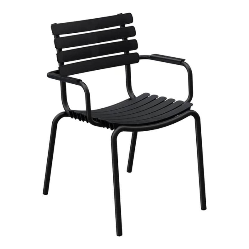 The ReCLIPS Dining Chairs come in four colors with the option of adding bamboo armrests. The combination of the aluminum frame with UV-protected plastic lamellas ensures minimal maintenance, making these chairs an ideal choice for hassle-free use. Like all good designs, these dining chairs are not just beautiful but practical as well. They are stackable, facilitating easy storage and space optimization.