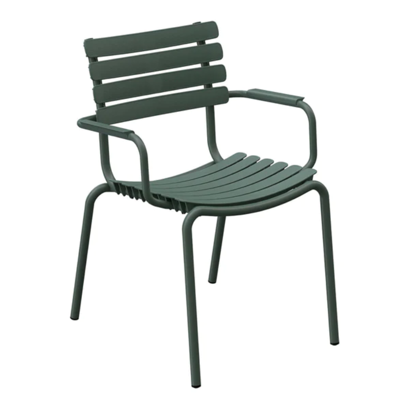 The ReCLIPS Dining Chairs come in four colors with the option of adding bamboo armrests. The combination of the aluminum frame with UV-protected plastic lamellas ensures minimal maintenance, making these chairs an ideal choice for hassle-free use. Like all good designs, these dining chairs are not just beautiful but practical as well. They are stackable, facilitating easy storage and space optimization.