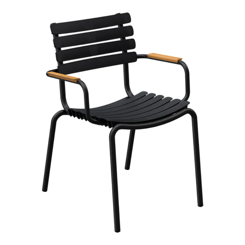 The ReCLIPS Dining Chairs come in four colors with the option of adding bamboo armrests. The combination of the aluminum frame with UV-protected plastic lamellas ensures minimal maintenance, making these chairs an ideal choice for hassle-free use. Like all good designs, these dining chairs are not just beautiful but practical as well. They are stackable, facilitating easy storage and space optimization.