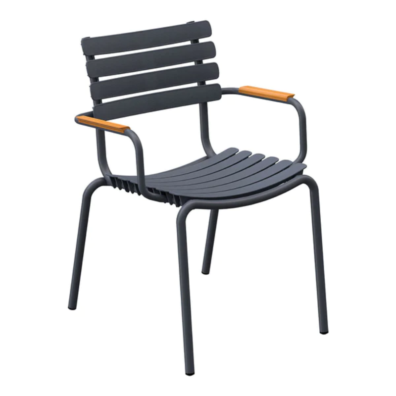 The ReCLIPS Dining Chairs come in four colors with the option of adding bamboo armrests. The combination of the aluminum frame with UV-protected plastic lamellas ensures minimal maintenance, making these chairs an ideal choice for hassle-free use. Like all good designs, these dining chairs are not just beautiful but practical as well. They are stackable, facilitating easy storage and space optimization.
