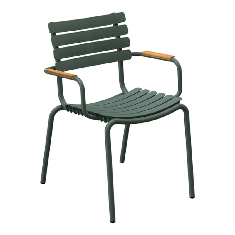 The ReCLIPS Dining Chairs come in four colors with the option of adding bamboo armrests. The combination of the aluminum frame with UV-protected plastic lamellas ensures minimal maintenance, making these chairs an ideal choice for hassle-free use. Like all good designs, these dining chairs are not just beautiful but practical as well. They are stackable, facilitating easy storage and space optimization.