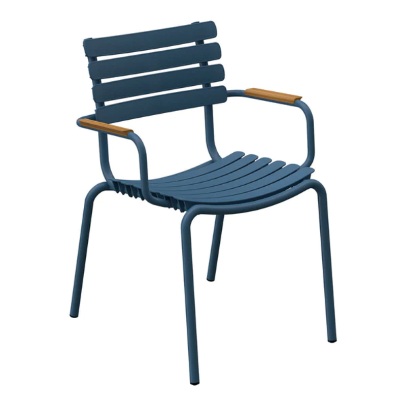 The ReCLIPS Dining Chairs come in four colors with the option of adding bamboo armrests. The combination of the aluminum frame with UV-protected plastic lamellas ensures minimal maintenance, making these chairs an ideal choice for hassle-free use. Like all good designs, these dining chairs are not just beautiful but practical as well. They are stackable, facilitating easy storage and space optimization.