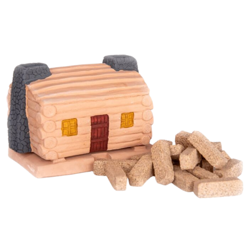 The Log Cabin Incense Burner from Inscents, with the incense outside the door as if they were logs.