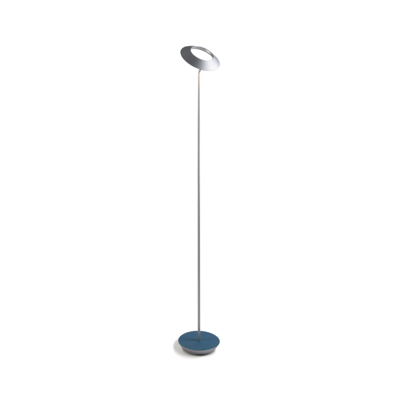The Royyo Floor Lamp from Koncept with the silver body and azure felt base.