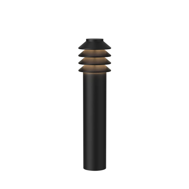 Its downscaled design is based on the same concept as the original Bysted. Four rings redirect the light downward while glowing at night and giving the product individuality and character. 