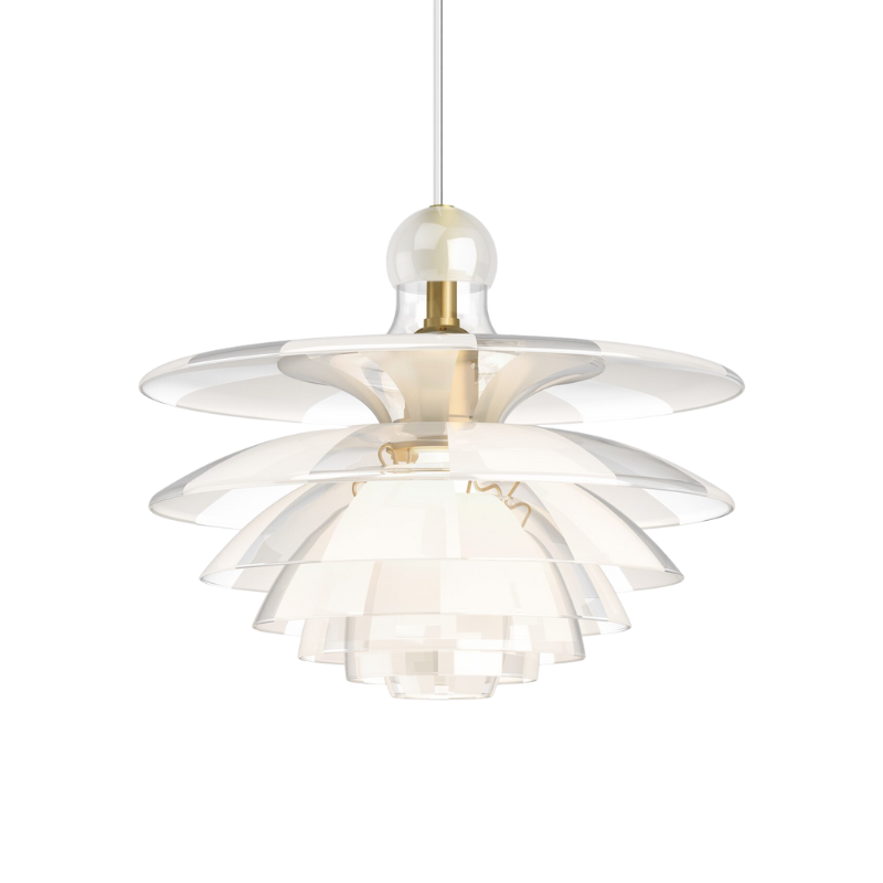 The seven-shade glass crown emits a glare-free, downwardly directed light while radiating a pleasantly delicate glow. Frosted glass fields alternately cover the clear ones from shade-to-shade, thus diffusing the light even more softly.