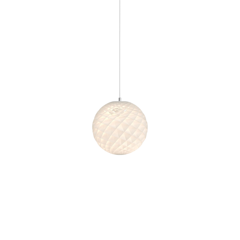 The Patera pendant is a glowing sphere built up of small diamond-shaped cells. Each cell is carefully designed to capture light and to shield the light source from the viewing angles above 45 degrees. Each cell glows. Below 45 degrees, the fields are open to direct light downwards. A small amount of light is also sent upwards to illuminate the ceiling. Designed by Danish designer Øivind Slaatto who took inspiration from the Fibonacci spiral.