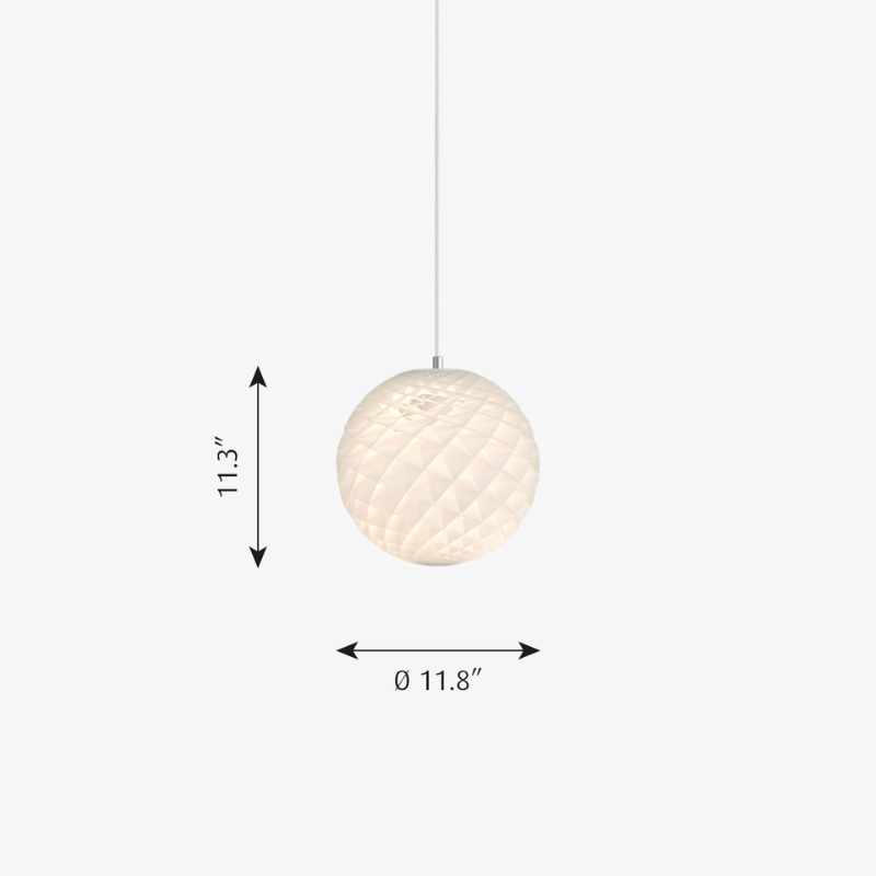 The Patera pendant is a glowing sphere built up of small diamond-shaped cells. Each cell is carefully designed to capture light and to shield the light source from the viewing angles above 45 degrees. Each cell glows. Below 45 degrees, the fields are open to direct light downwards. A small amount of light is also sent upwards to illuminate the ceiling. Designed by Danish designer Øivind Slaatto who took inspiration from the Fibonacci spiral.
