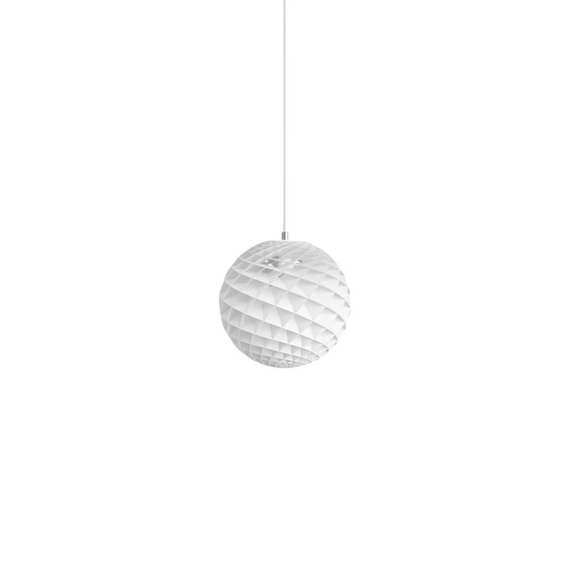 The Patera pendant is a glowing sphere built up of small diamond-shaped cells. Each cell is carefully designed to capture light and to shield the light source from the viewing angles above 45 degrees. Each cell glows. Below 45 degrees, the fields are open to direct light downwards. A small amount of light is also sent upwards to illuminate the ceiling. Designed by Danish designer Øivind Slaatto who took inspiration from the Fibonacci spiral.