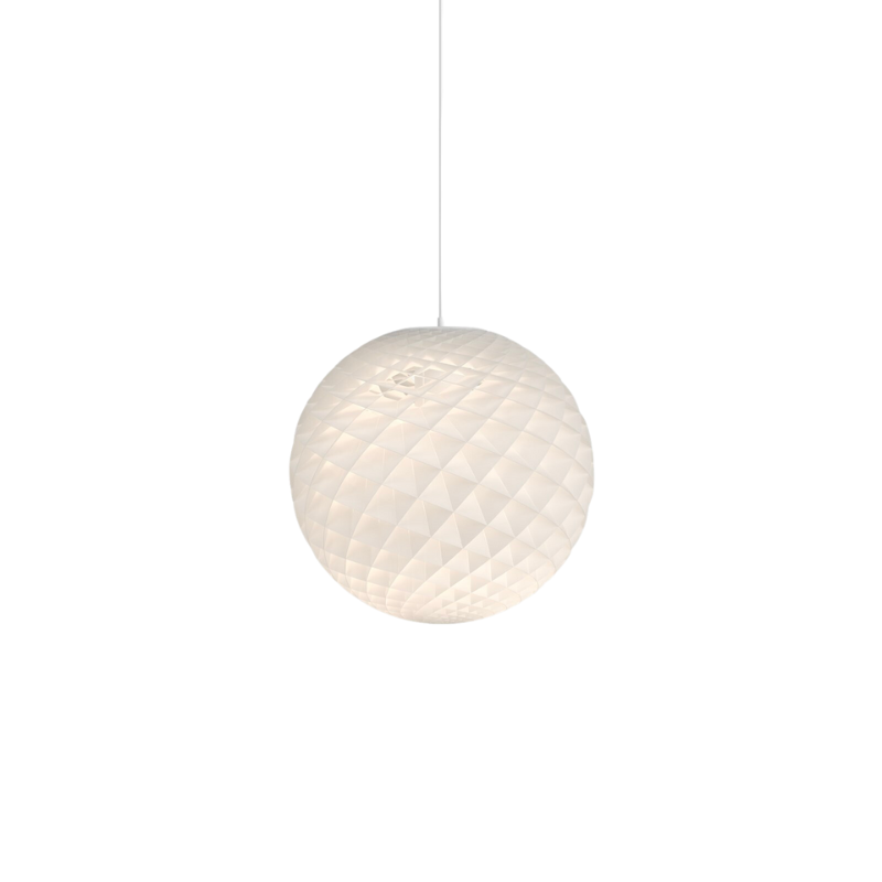 The Patera pendant is a glowing sphere built up of small diamond-shaped cells. Each cell is carefully designed to capture light and to shield the light source from the viewing angles above 45 degrees. Each cell glows. Below 45 degrees, the fields are open to direct light downwards. A small amount of light is also sent upwards to illuminate the ceiling. Designed by Danish designer Øivind Slaatto who took inspiration from the Fibonacci spiral.