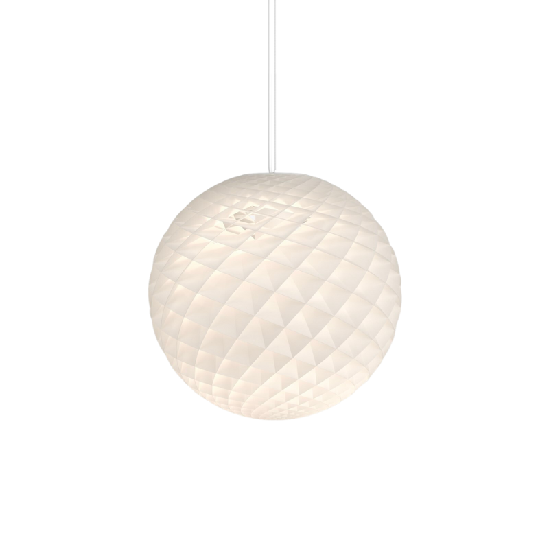 The Patera pendant is a glowing sphere built up of small diamond-shaped cells. Each cell is carefully designed to capture light and to shield the light source from the viewing angles above 45 degrees. Each cell glows. Below 45 degrees, the fields are open to direct light downwards. A small amount of light is also sent upwards to illuminate the ceiling. Designed by Danish designer Øivind Slaatto who took inspiration from the Fibonacci spiral.