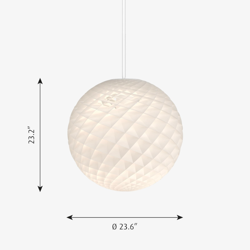 The Patera pendant is a glowing sphere built up of small diamond-shaped cells. Each cell is carefully designed to capture light and to shield the light source from the viewing angles above 45 degrees. Each cell glows. Below 45 degrees, the fields are open to direct light downwards. A small amount of light is also sent upwards to illuminate the ceiling. Designed by Danish designer Øivind Slaatto who took inspiration from the Fibonacci spiral.