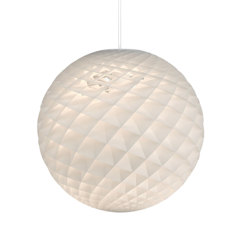 The Patera pendant is a glowing sphere built up of small diamond-shaped cells. Each cell is carefully designed to capture light and to shield the light source from the viewing angles above 45 degrees. Each cell glows. Below 45 degrees, the fields are open to direct light downwards. A small amount of light is also sent upwards to illuminate the ceiling. Designed by Danish designer Øivind Slaatto who took inspiration from the Fibonacci spiral.